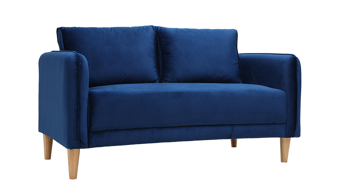 Canapé 2 places en tissu velours bleu foncé et bois clair KURT