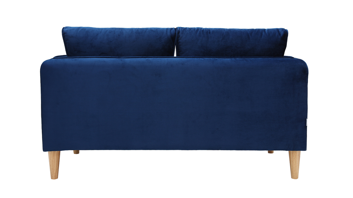 Canapé 2 places en tissu velours bleu foncé et bois clair KURT