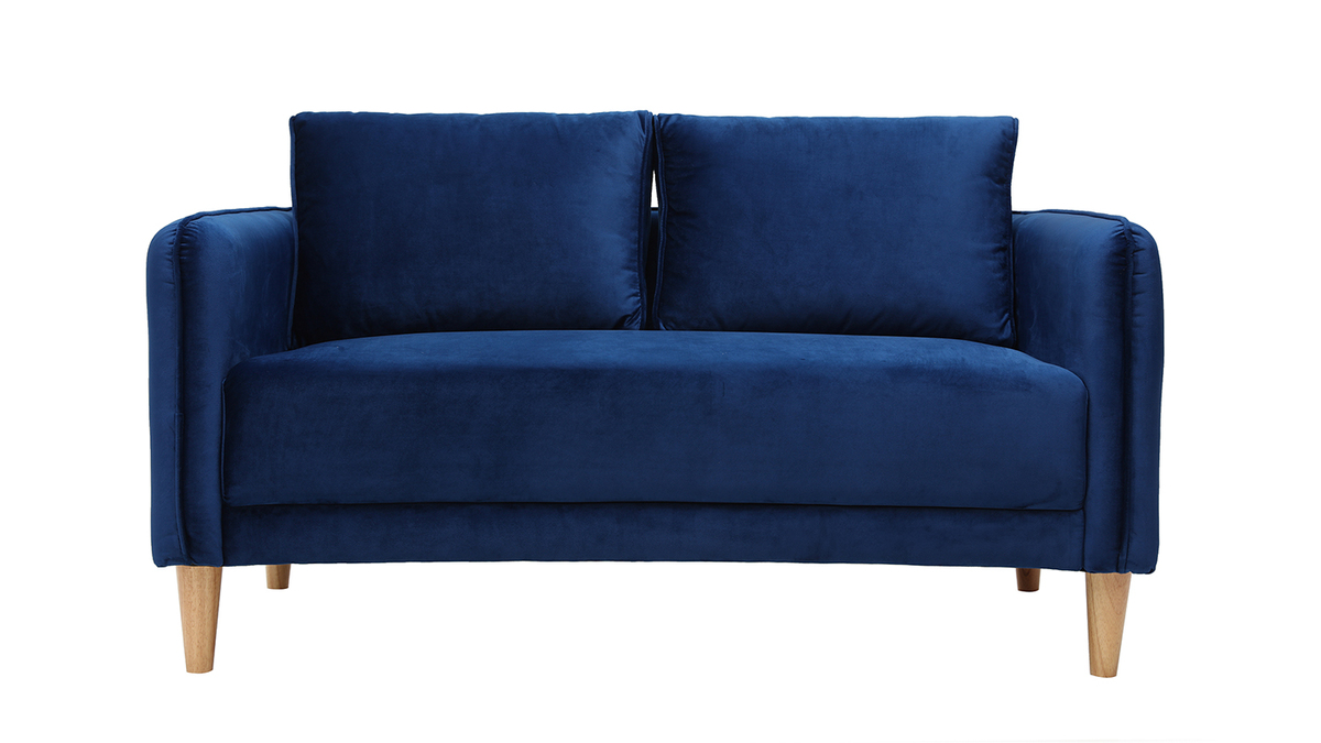 Canap 2 places en tissu velours bleu fonc et bois clair KURT - Miliboo & Stphane Plaza