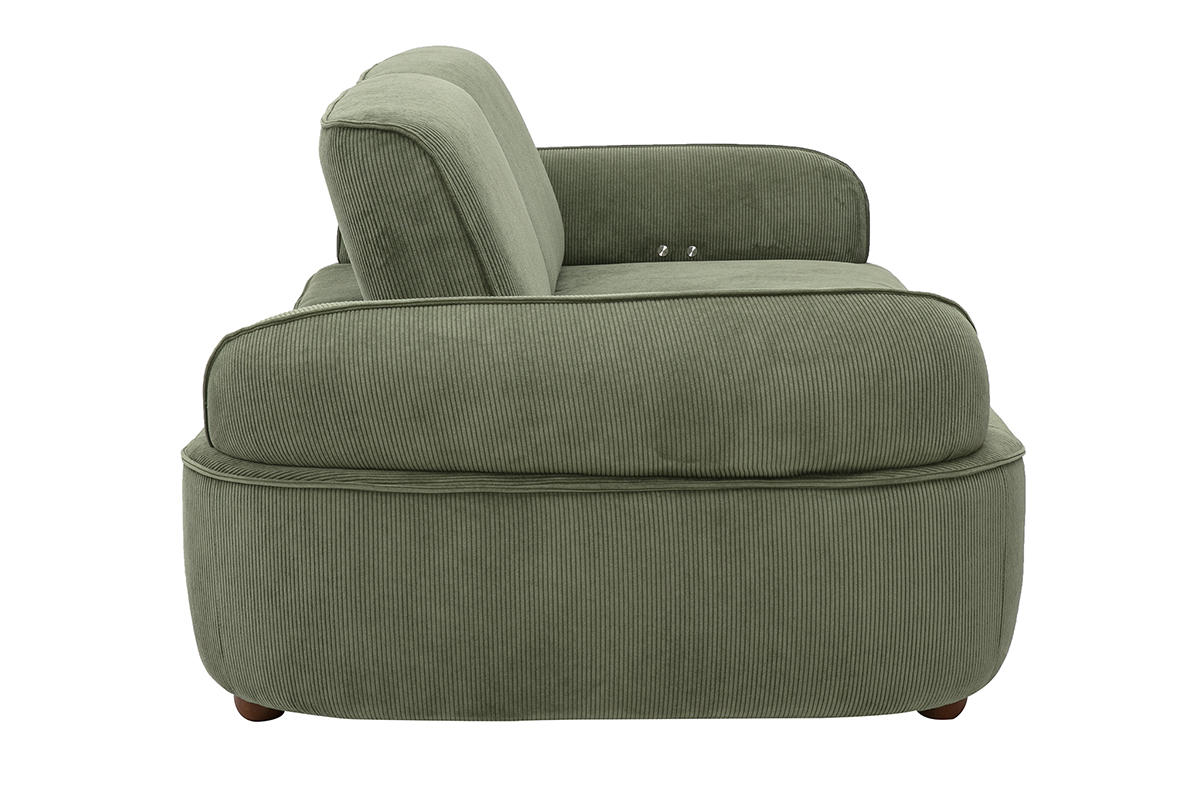Canap� 3 places avance-recule �lectrique en tissu velours c�tel� vert kaki et bois fonc� OTIS