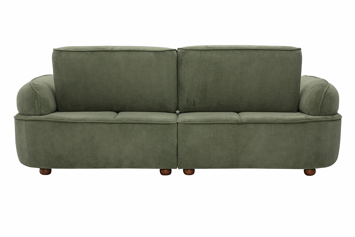 Canap� 3 places avance-recule �lectrique en tissu velours c�tel� vert kaki et bois fonc� OTIS