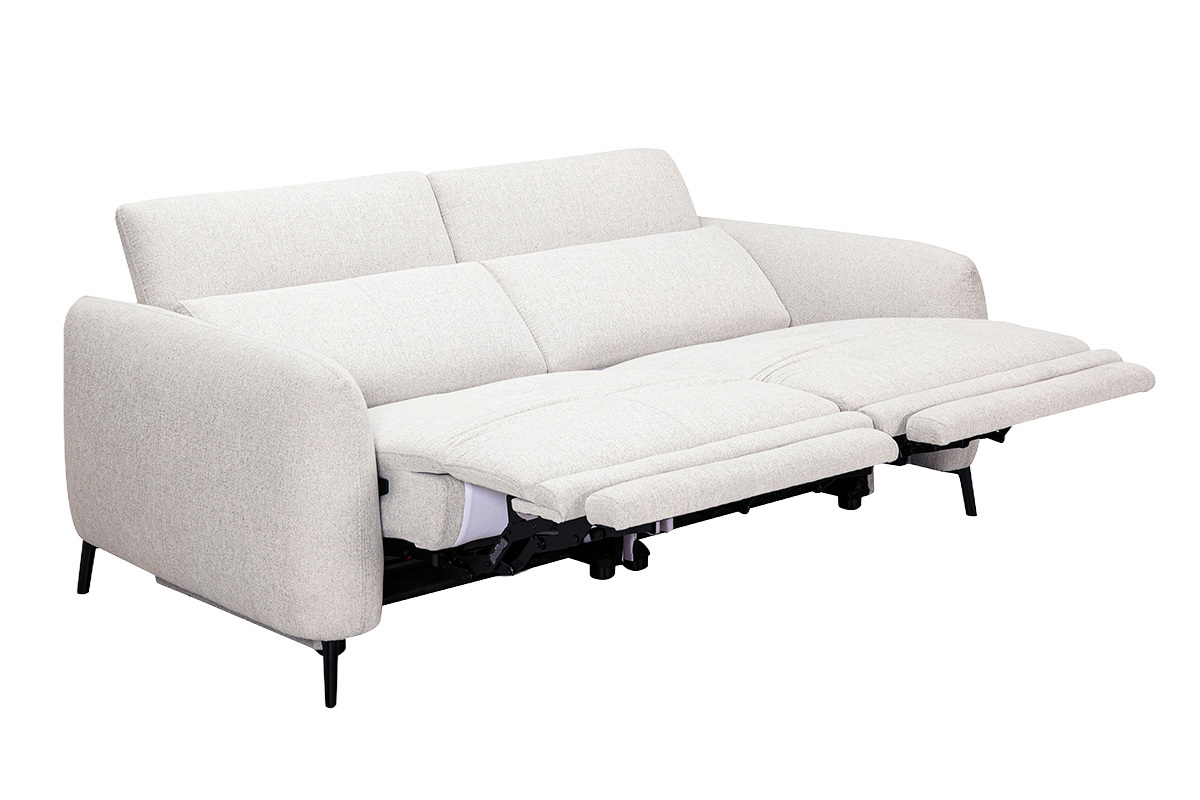 Canap� 3 places avec t�ti�res ajustables et repose-pieds �lectrique en tissu effet velours textur� beige et m�tal TIGNES