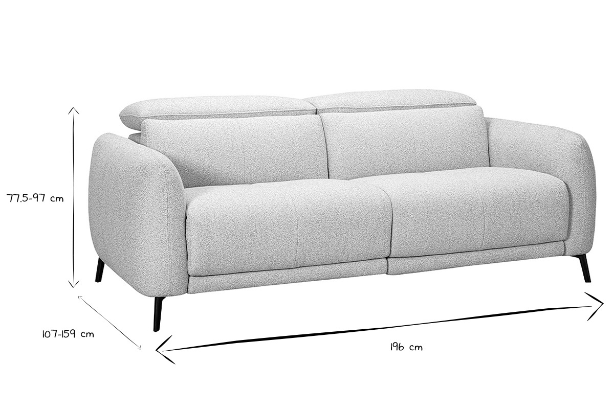 Canap� 3 places avec t�ti�res ajustables et repose-pieds �lectrique en tissu effet velours textur� gris clair et m�tal TIGNES