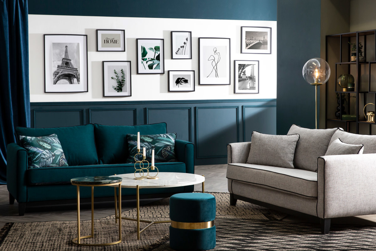 Canap� 3 places design bleu paon et velours noir HARRISON