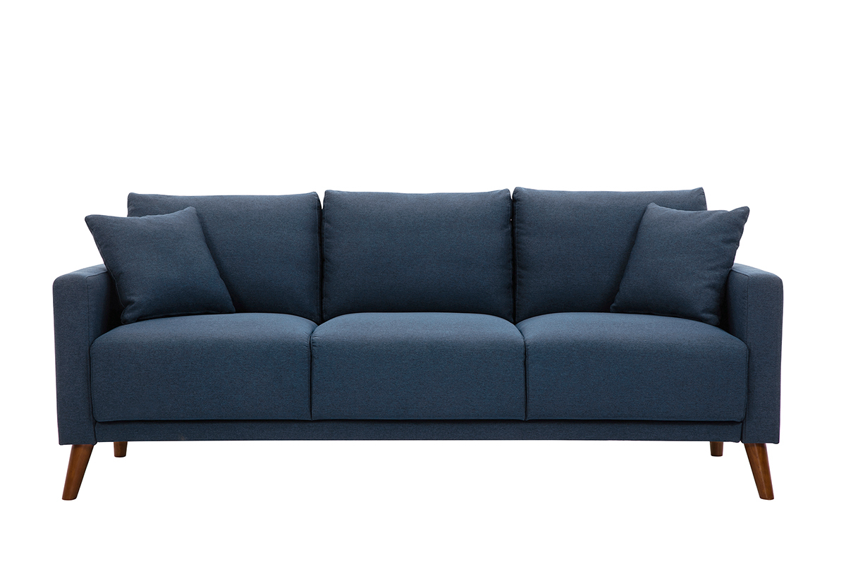 Canap 3 places en tissu bleu fonc et bois fonc MUNIK