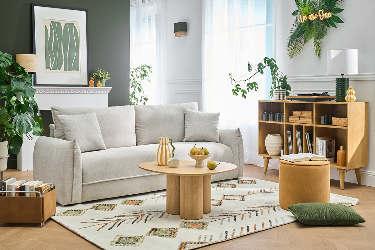 Canap� 3 places en tissu effet velours textur� beige PIO