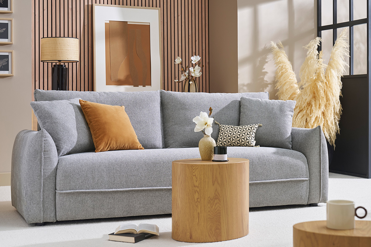 Canap 3 places en tissu effet velours textur gris PIO