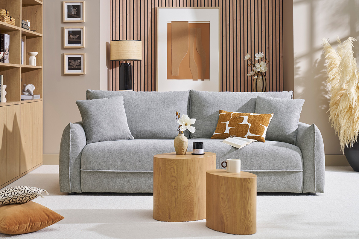 Canap 3 places en tissu effet velours textur gris PIO