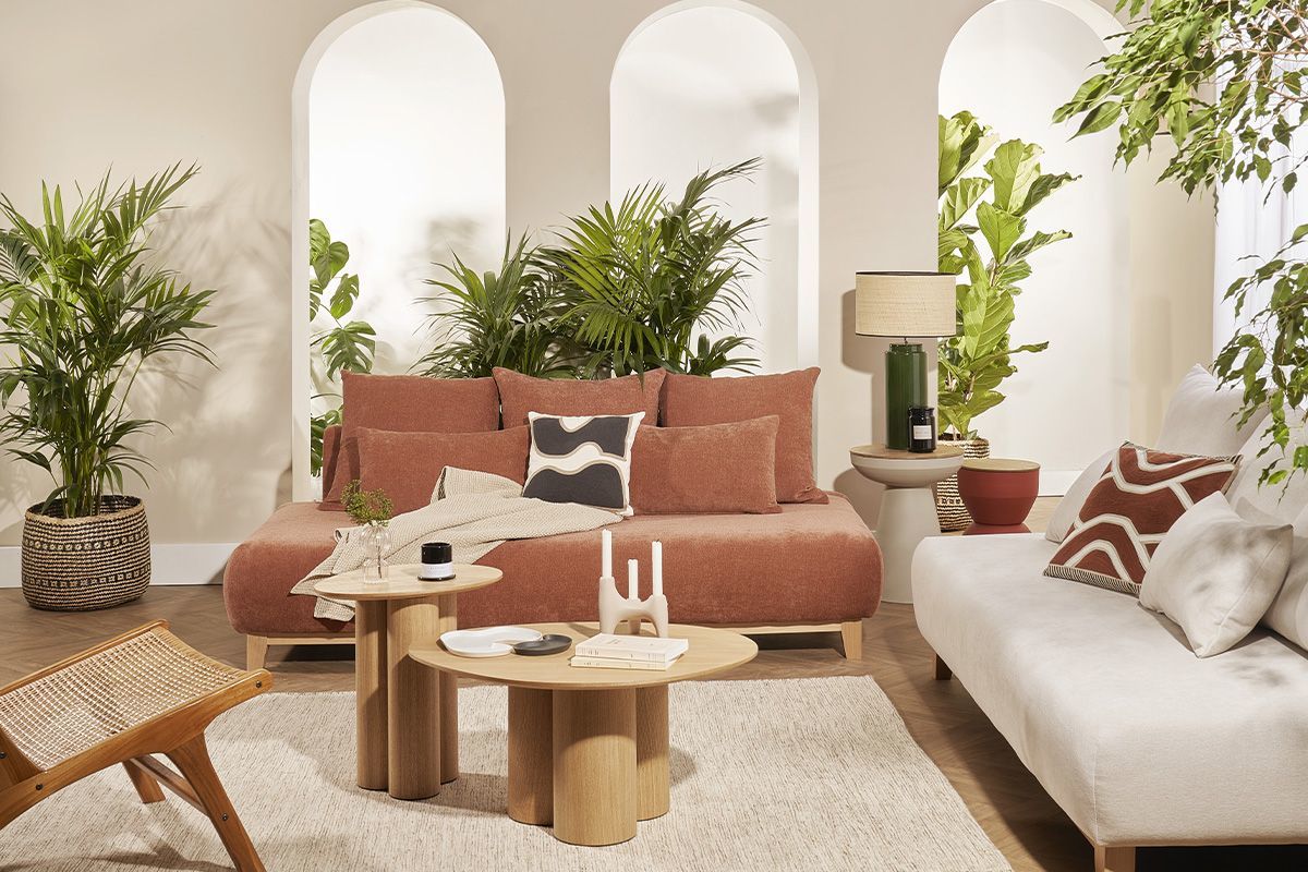 Canap 3 places en tissu effet velours textur terre brle et bois clair L200 cm ODEON