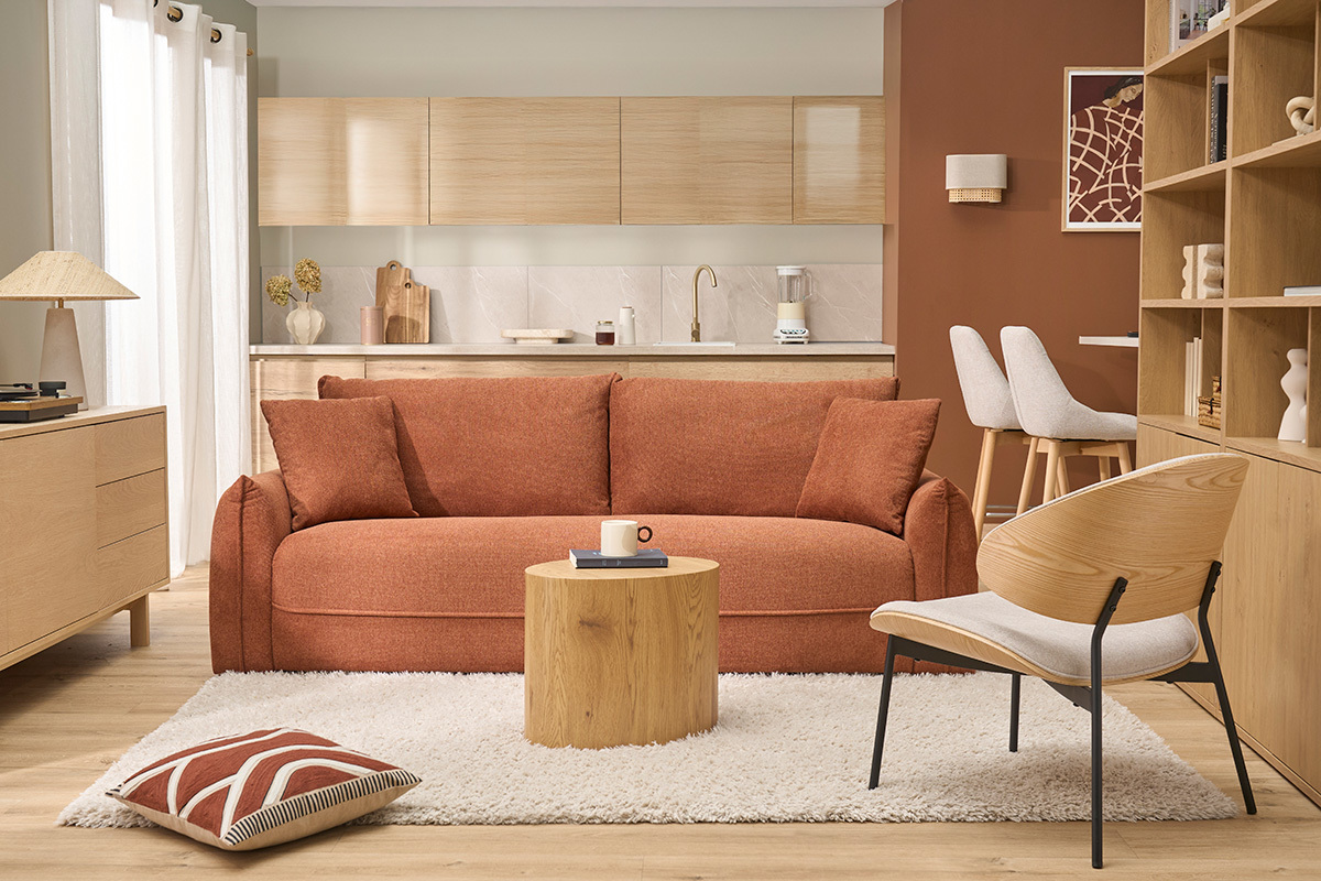 Canap� 3 places en tissu effet velours textur� terre br�l�e PIO