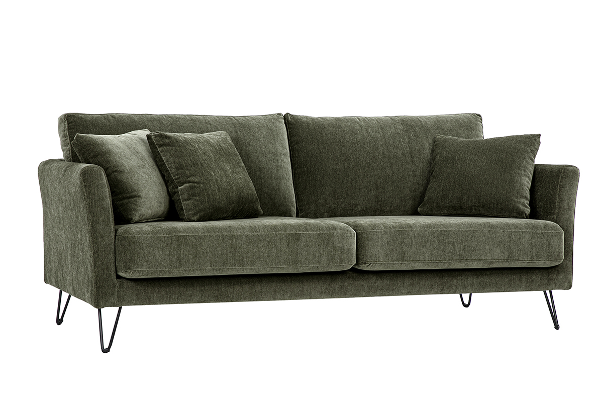 Canap� 3 places en tissu effet velours vert kaki et m�tal OSLO