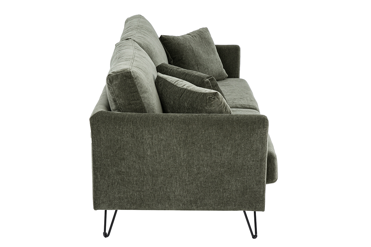 Canap� 3 places en tissu effet velours vert kaki et m�tal OSLO