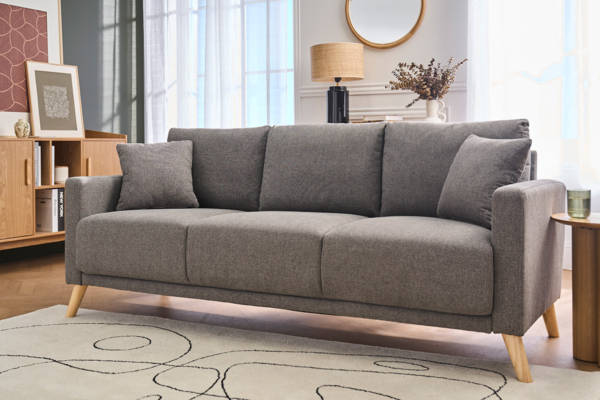 Canap� 3 places en tissu gris et bois clair MUNIK