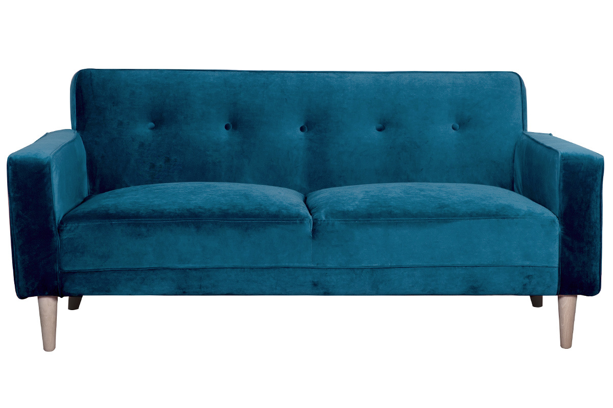 Canap� 3 places en tissu velours bleu paon et bois clair CIGALE