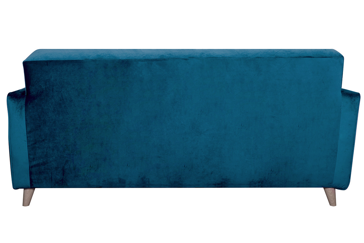 Canap� 3 places en tissu velours bleu paon et bois clair CIGALE