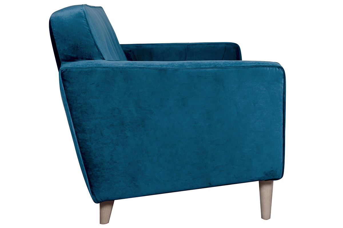 Canap� 3 places en tissu velours bleu paon et bois clair CIGALE
