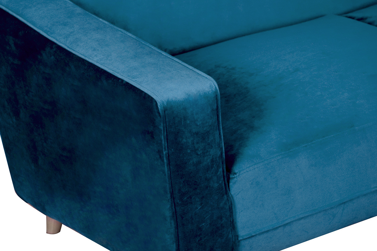 Canap� 3 places en tissu velours bleu paon et bois clair CIGALE