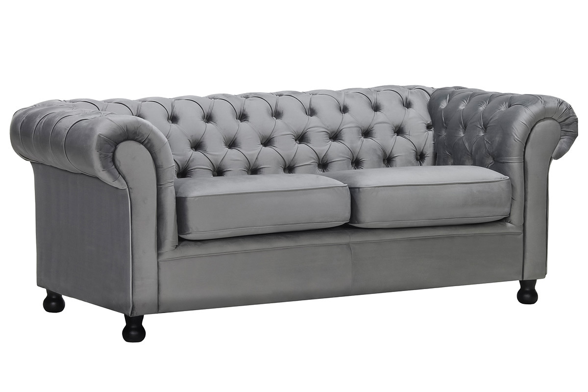 Canap� 3 places velours gris fonc� CHESTERFIELD