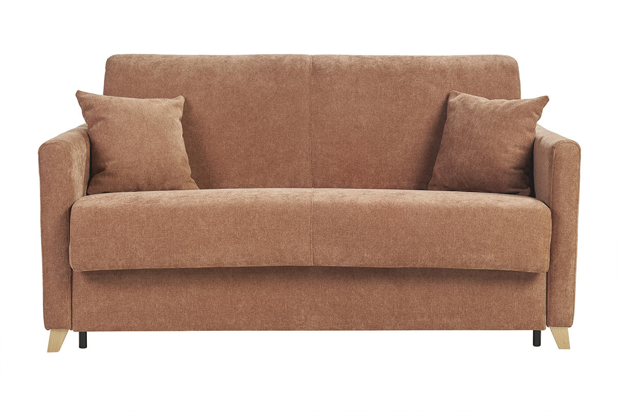 Canap convertible 2-3 places en tissu effet velours terre brle et bois clair avec matelas 13 cm SKANDY