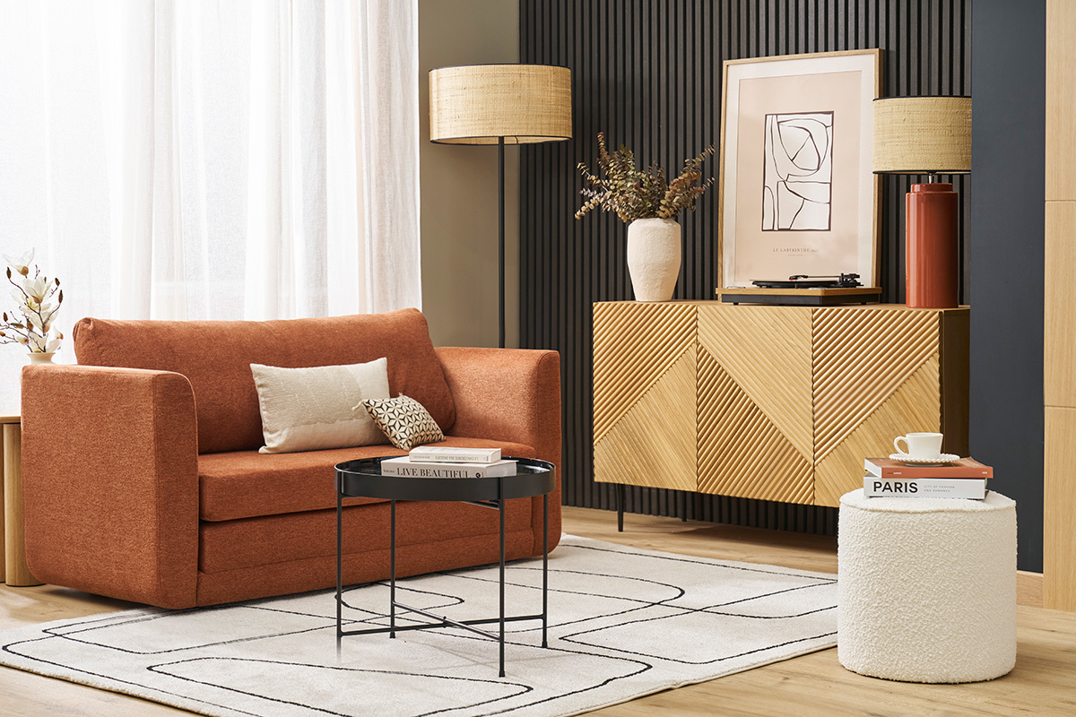 Canap convertible 2 places en tissu effet velours textur terre brle LEON