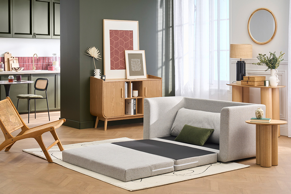 Canap� convertible 2 places en tissu gris clair LEON