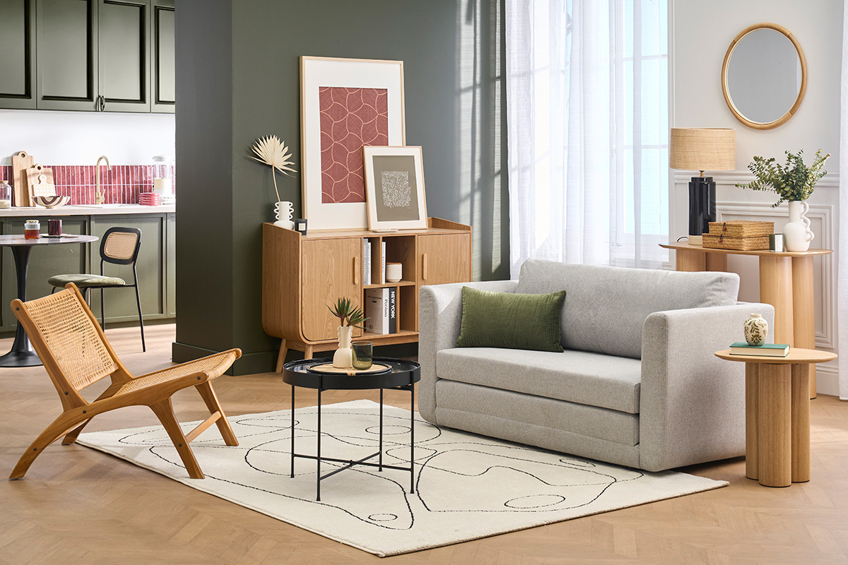 Canap� convertible 2 places en tissu gris clair LEON