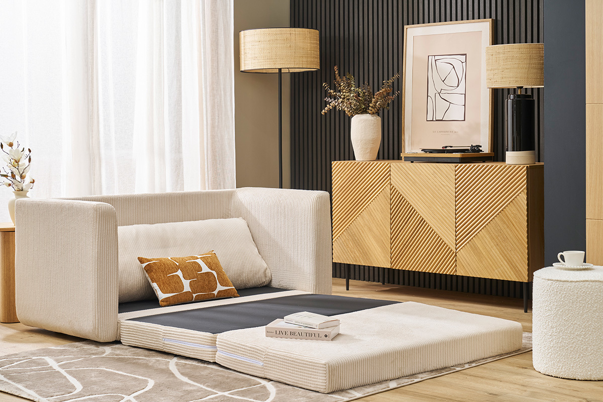 Canap convertible 2 places en tissu velours ctel beige LEON