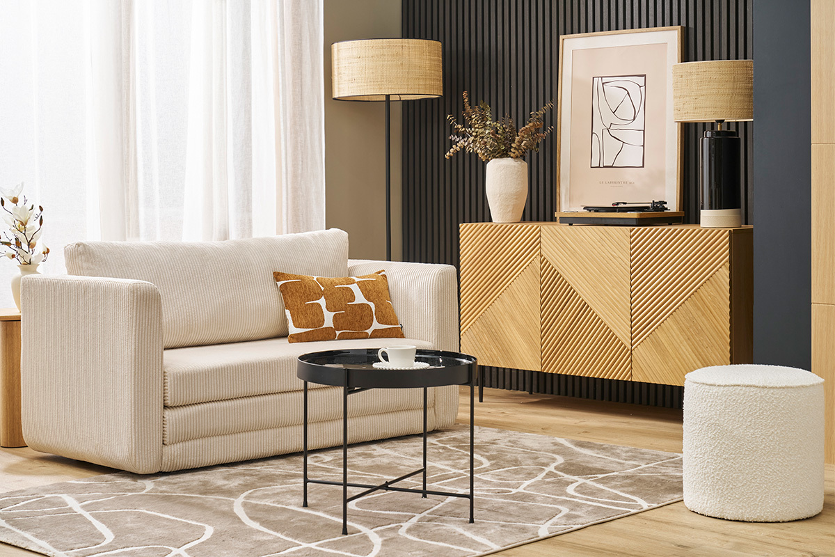 Canap convertible 2 places en tissu velours ctel beige LEON