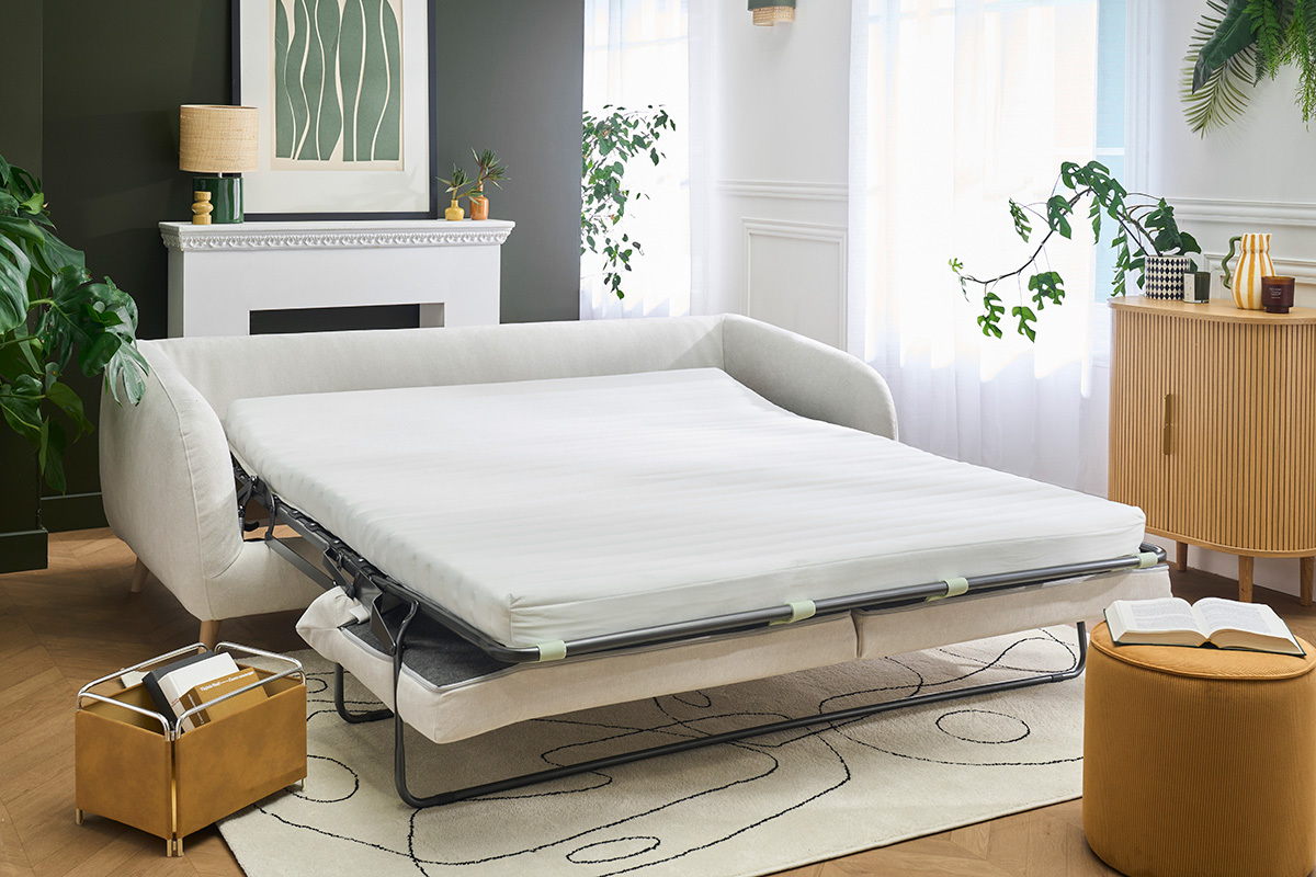 Canap� convertible 3-4 places en tissu effet velours beige avec matelas 10 cm LEANDRE