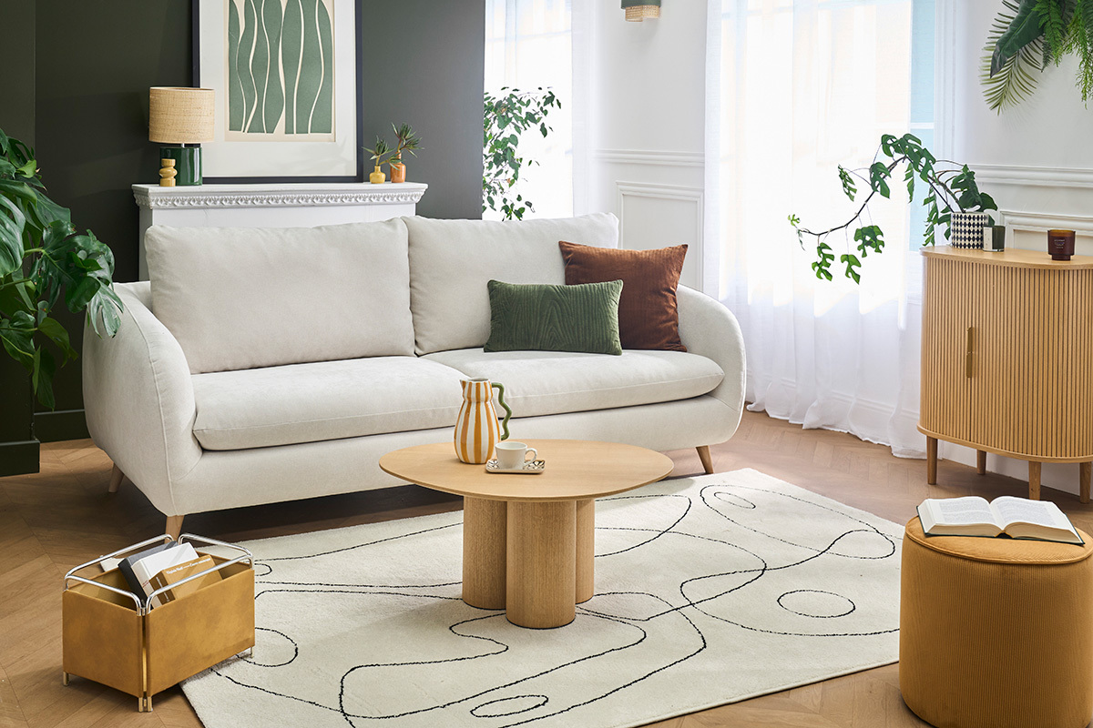 Canap� convertible 3-4 places en tissu effet velours beige avec matelas 10 cm LEANDRE