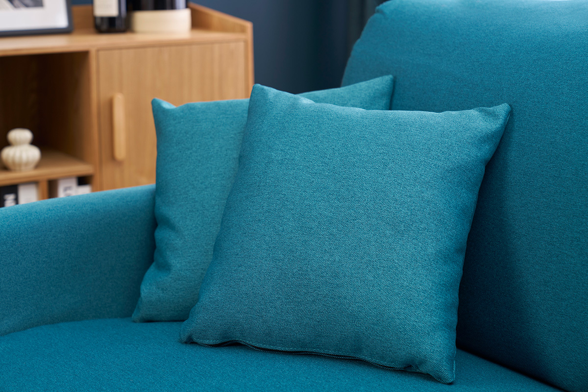 Canap� convertible 3 places en tissu bleu canard et bois clair avec matelas 18 cm SKANDY