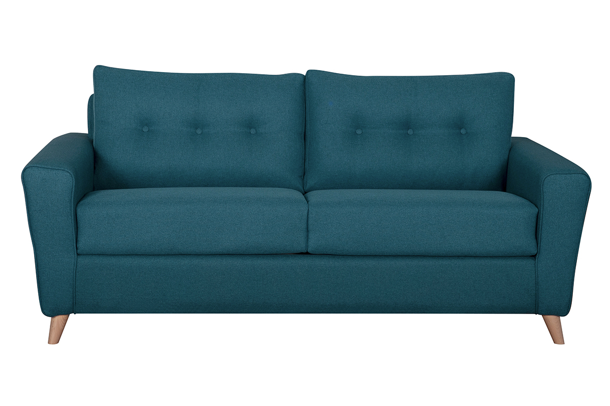 Canap convertible 3 places en tissu bleu canard et bois clair avec matelas 9 cm BEAUBOURG