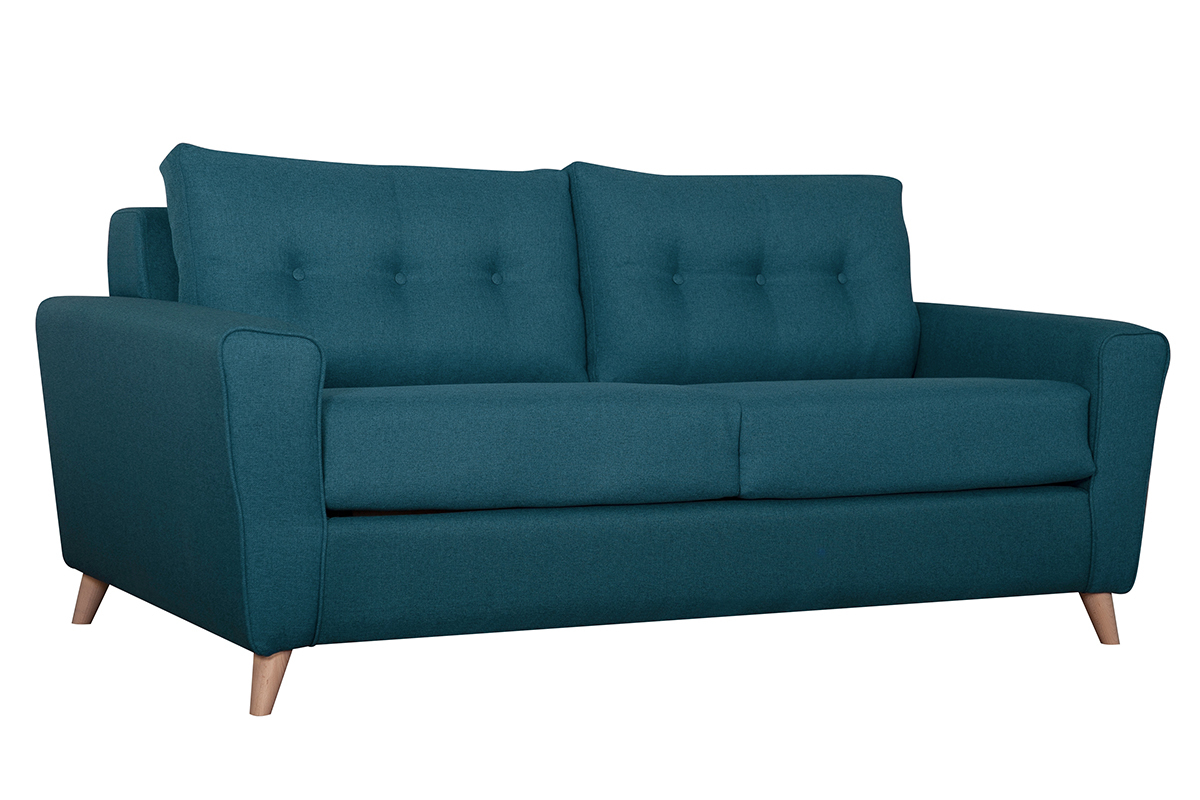 Canap convertible 3 places en tissu bleu canard et bois clair avec matelas 9 cm BEAUBOURG