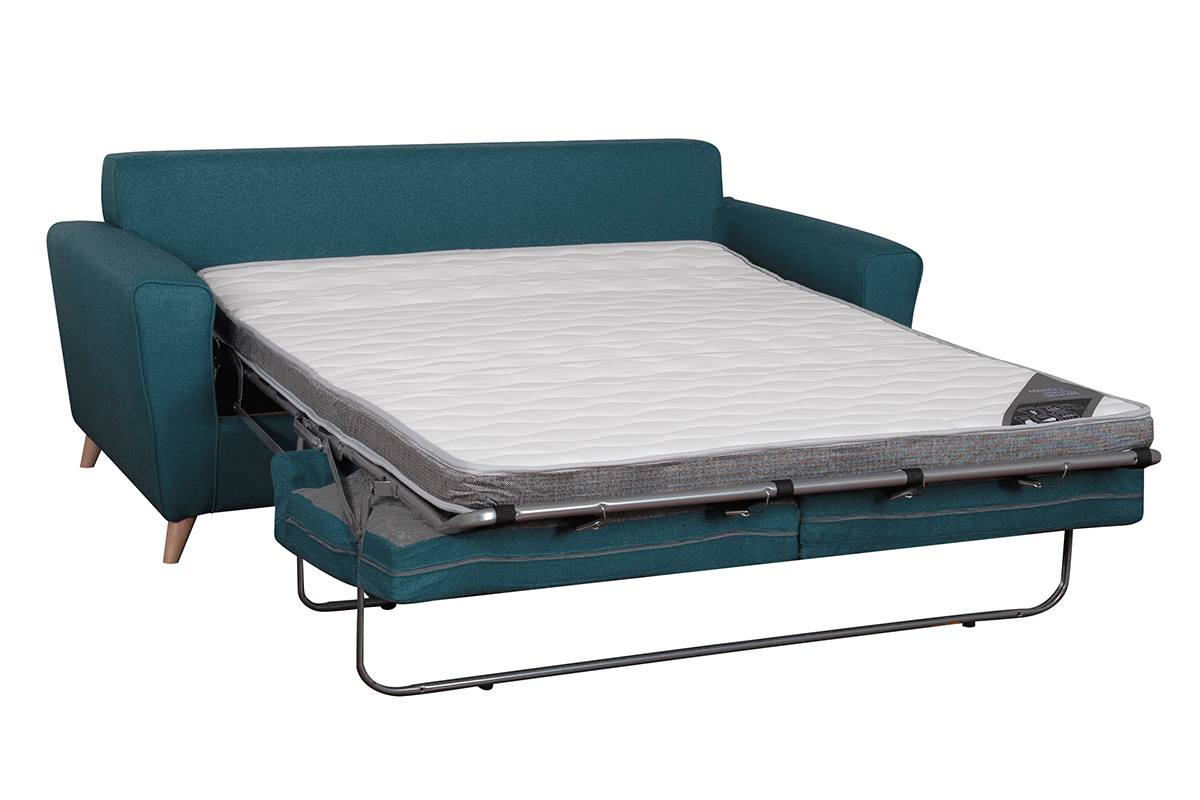 Canap convertible 3 places en tissu bleu canard et bois clair avec matelas 9 cm BEAUBOURG