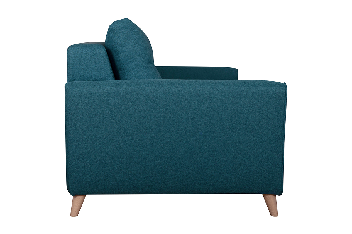 Canap convertible 3 places en tissu bleu canard et bois clair avec matelas 9 cm BEAUBOURG