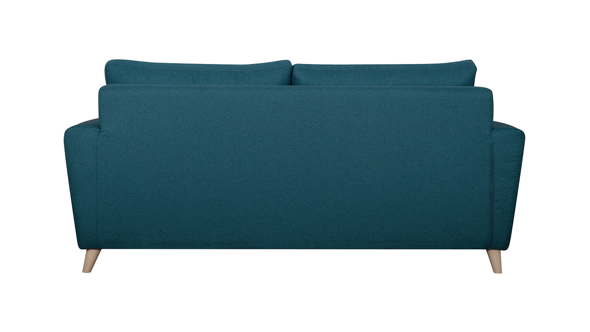 Canap convertible 3 places en tissu bleu canard et bois clair avec matelas 9 cm BEAUBOURG