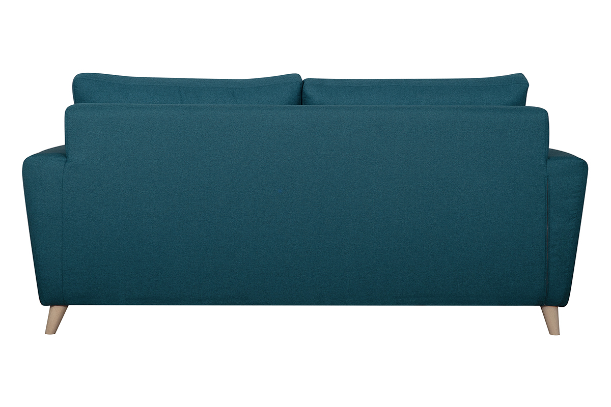 Canap convertible 3 places en tissu bleu canard et bois clair avec matelas 9 cm BEAUBOURG