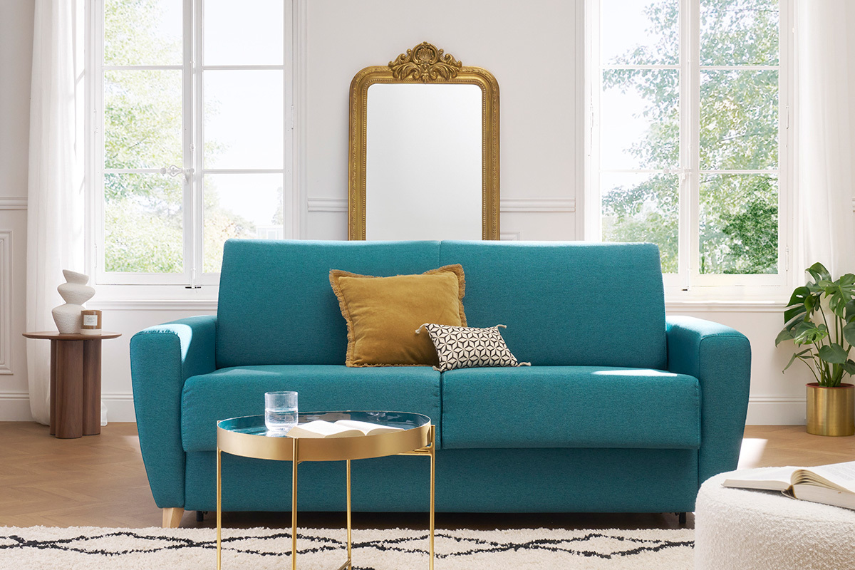 Canap convertible 3 places en tissu bleu canard et bois clair avec matelas L140 cm 13 cm GRAHAM