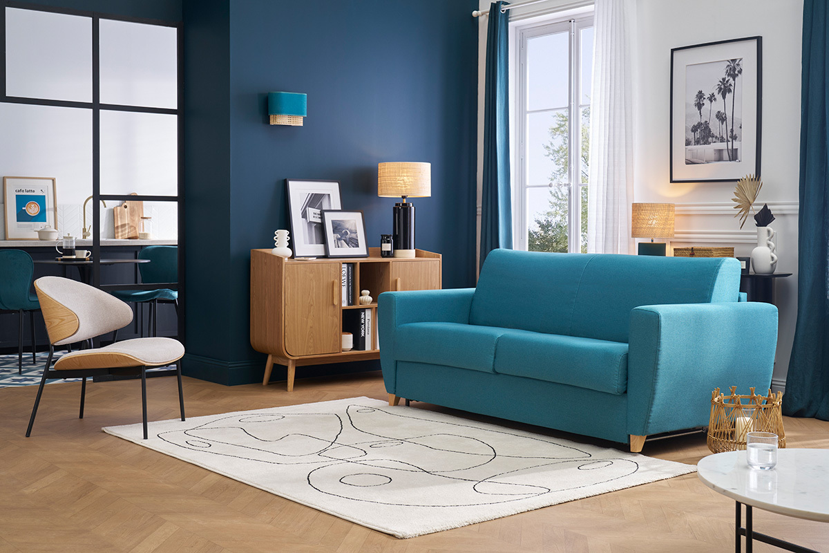 Canap� convertible 3 places en tissu bleu canard et bois clair avec matelas L140 cm 13 cm GRAHAM