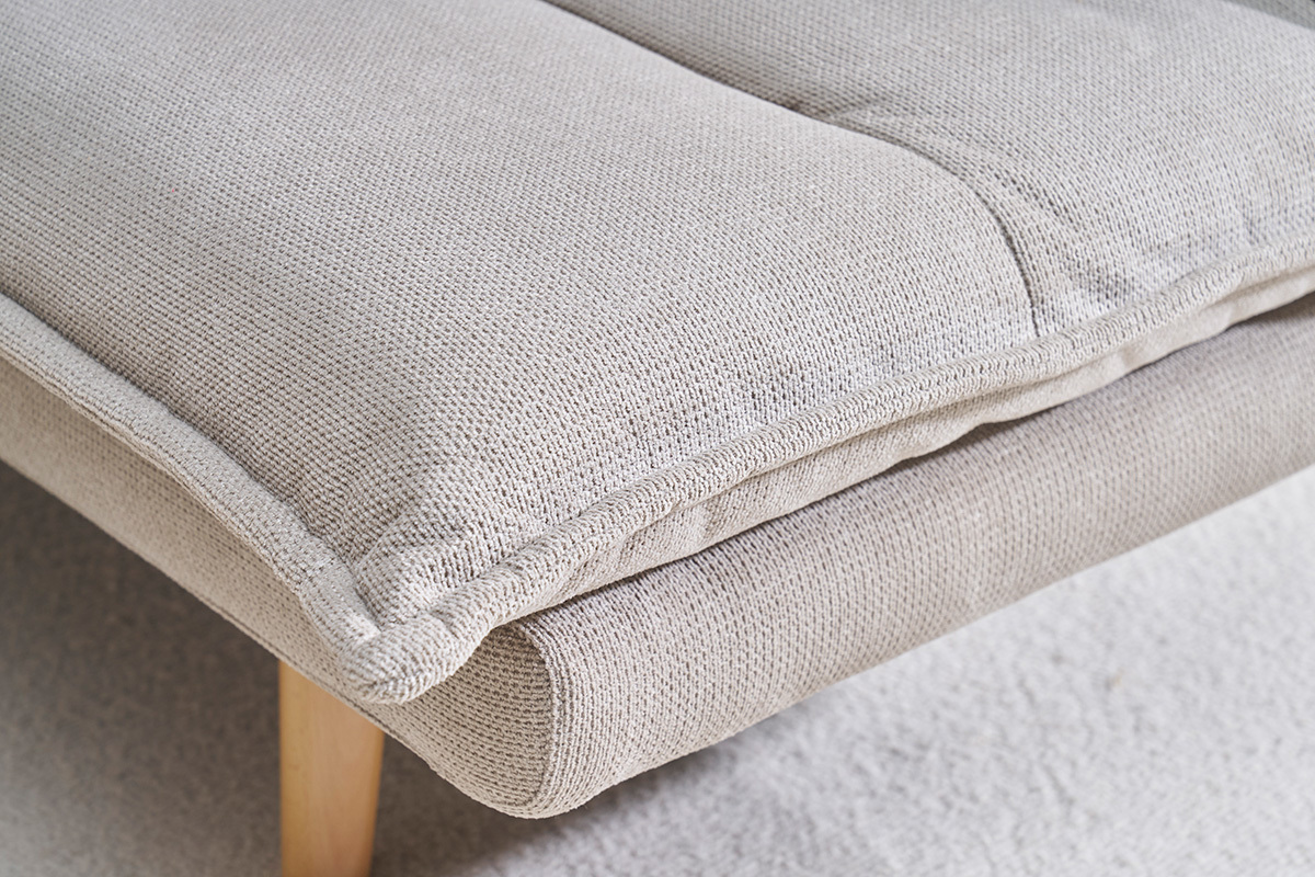 Canap� convertible 3 places en tissu chenille beige et bois clair BINGO
