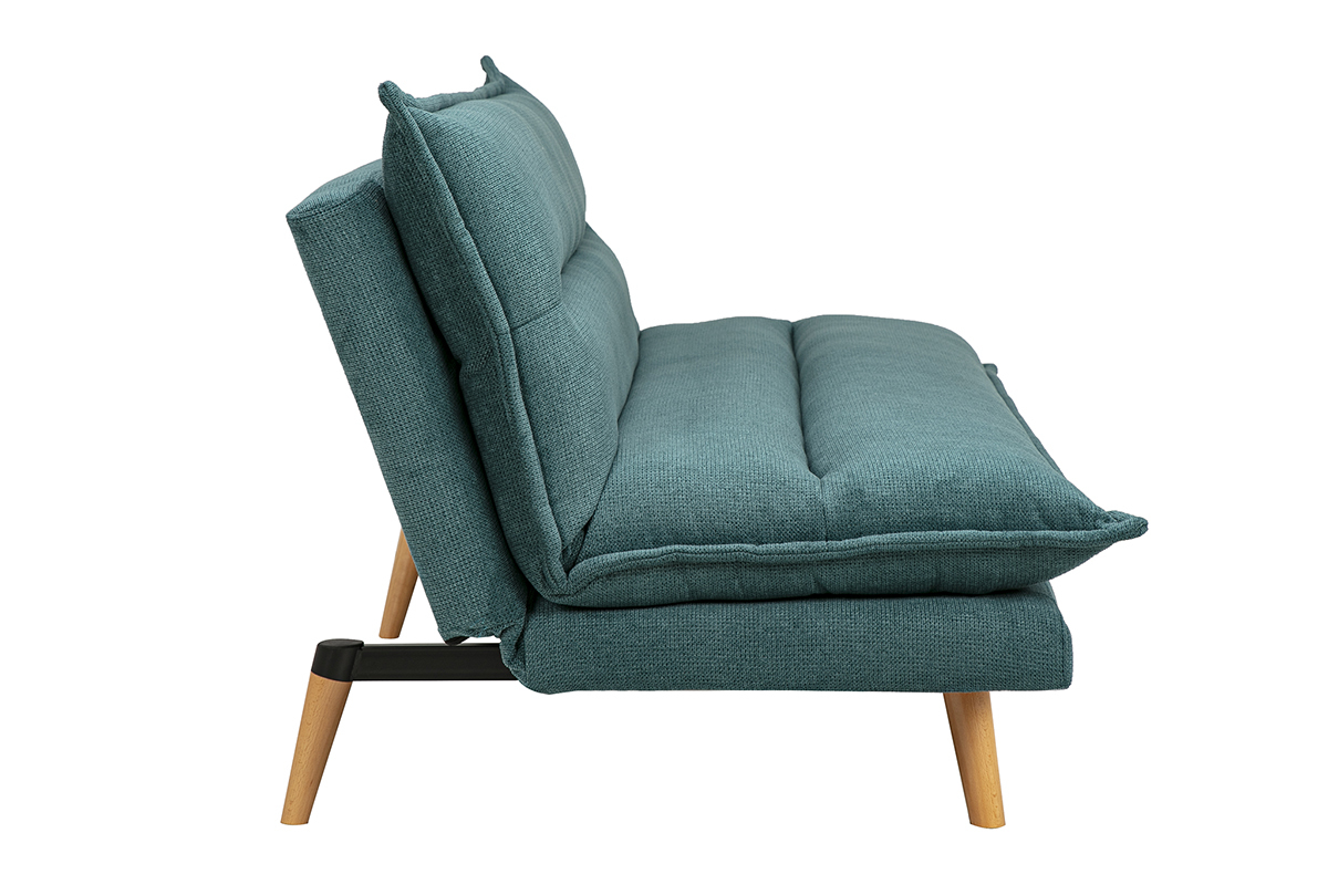 Canap� convertible 3 places en tissu chenille bleu canard et bois clair BINGO