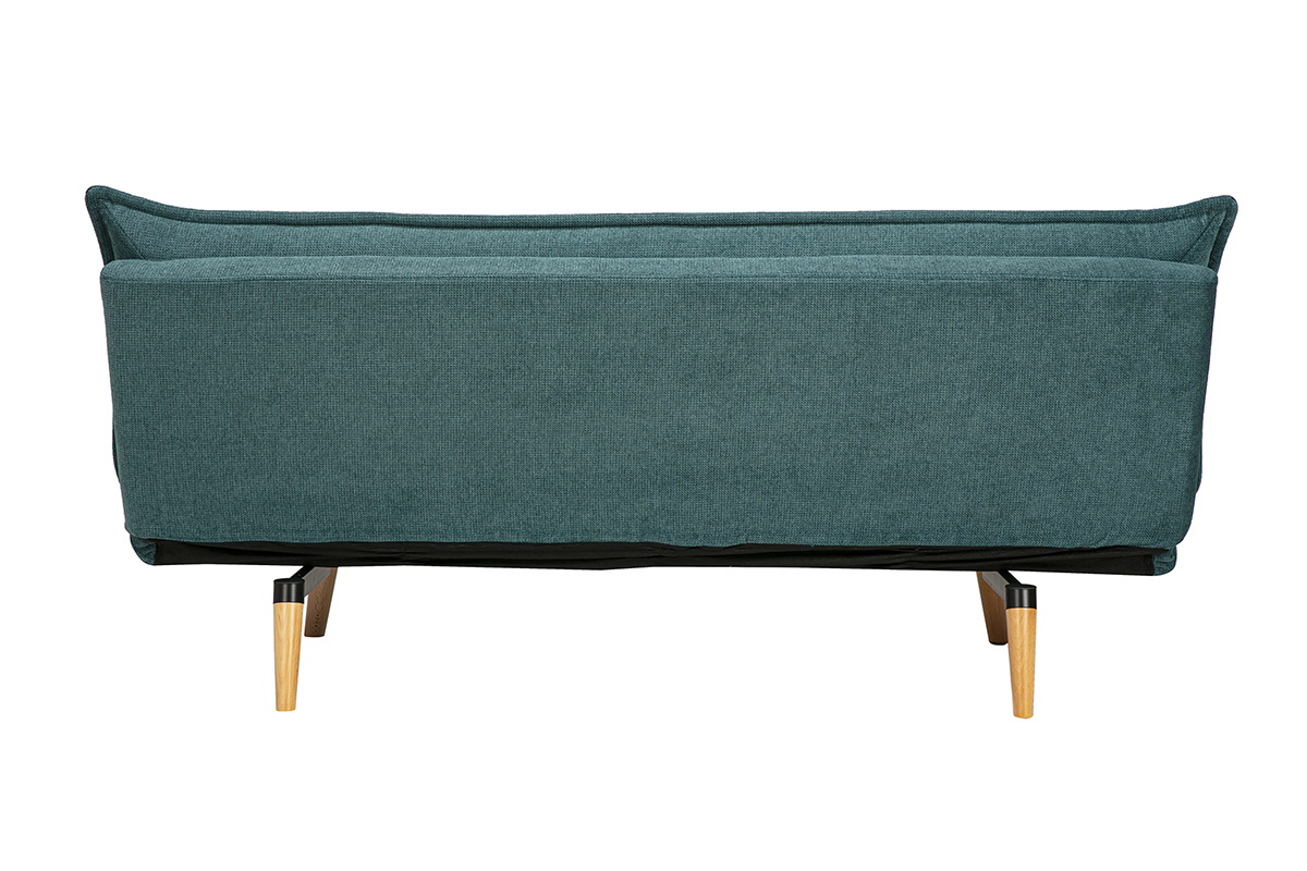 Canap� convertible 3 places en tissu chenille bleu canard et bois clair BINGO