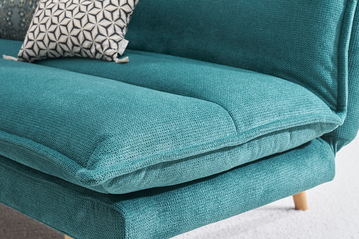 Canap� convertible 3 places en tissu chenille bleu canard et bois clair BINGO