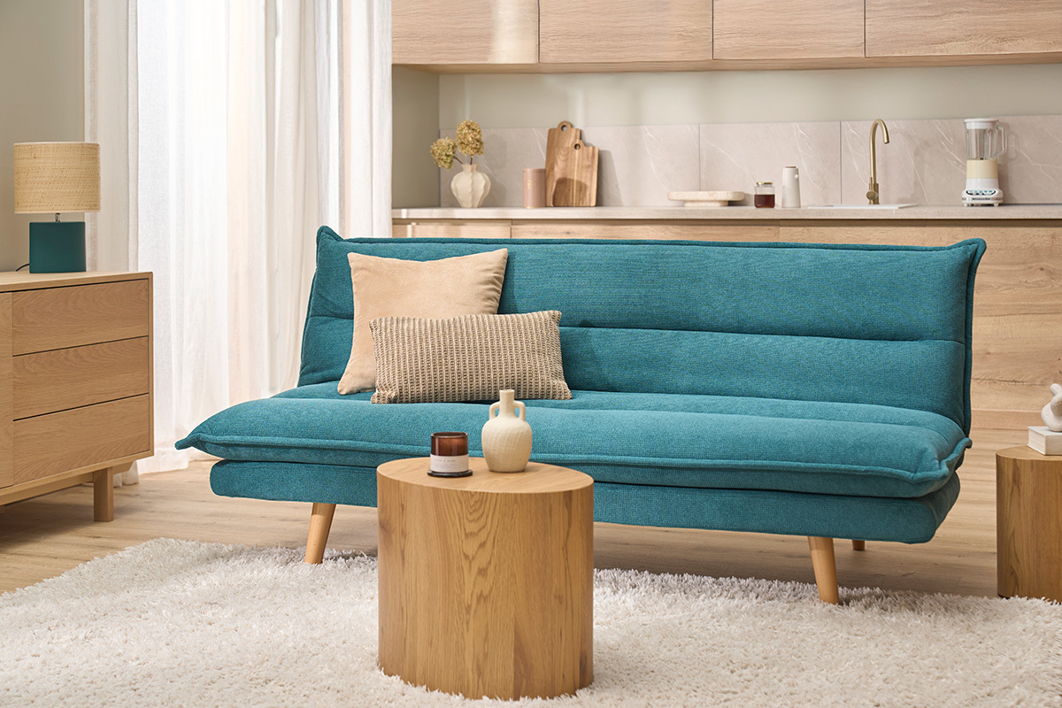 Canap� convertible 3 places en tissu chenille bleu canard et bois clair BINGO