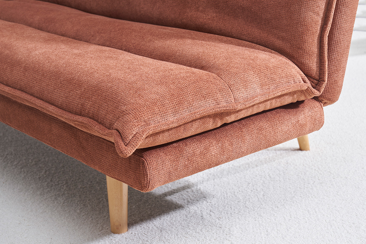 Canap� convertible 3 places en tissu chenille terre br�l�e et bois clair BINGO