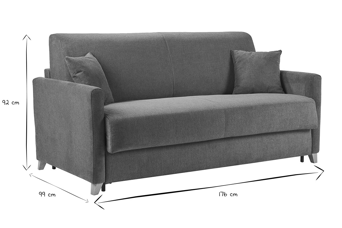 Canap� convertible 3 places en tissu chenille vert fonc� et bois clair avec matelas 18 cm SKANDY