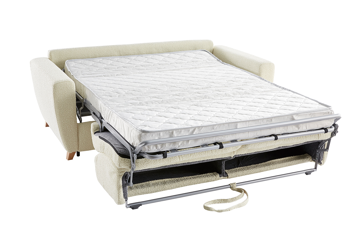 Canapé convertible 3 places en tissu effet laine bouclée beige et bois clair avec matelas L140 cm 12 cm GRAHAM