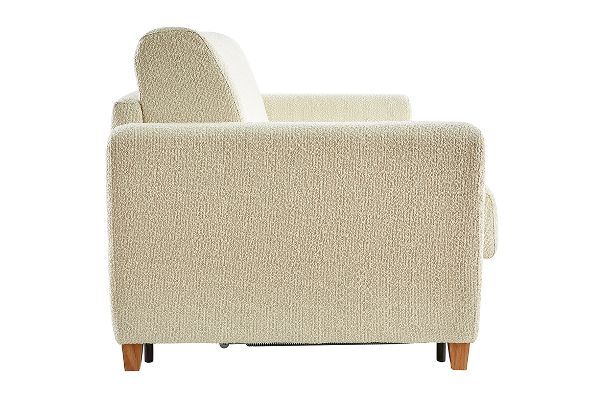 Canapé convertible 3 places en tissu effet laine bouclée beige et bois clair avec matelas L140 cm 12 cm GRAHAM