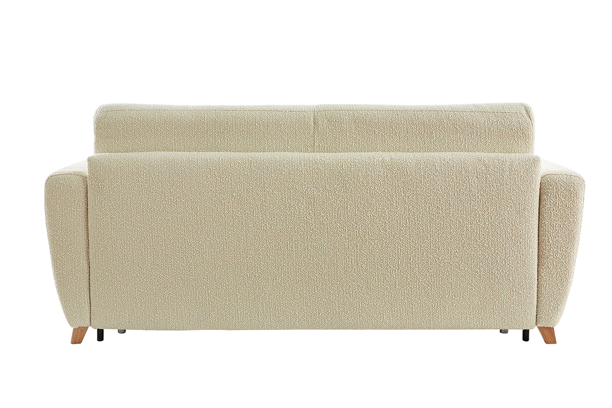 Canapé convertible 3 places en tissu effet laine bouclée beige et bois clair avec matelas L140 cm 12 cm GRAHAM