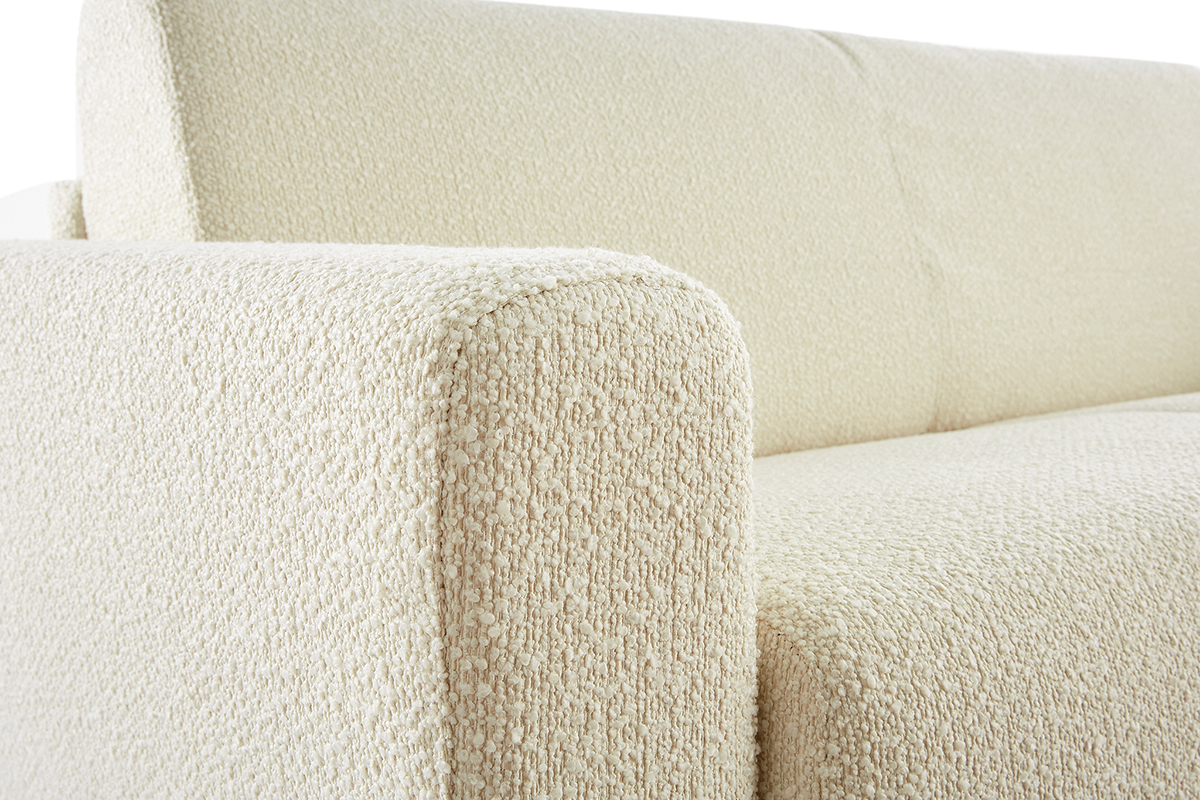 Canapé convertible 3 places en tissu effet laine bouclée beige et bois clair avec matelas L140 cm 12 cm GRAHAM